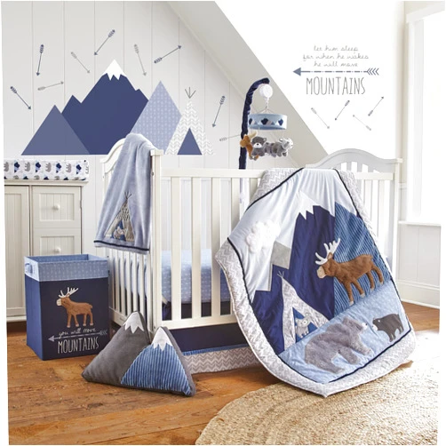 Levtex Baby - Trail Mix Crib Bed Set - Baby Nursery Set - Grey, Navy, White and Blue - Bear Mountains - 4 Piece Set includes Quilt, Fitted Sheet, Wall Decal & Skirt/Dust Ruffle