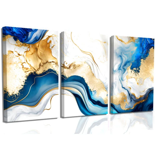 LOXXRGT 3Pcs Blue Gold Marble Canvas Wall Art Abstract Blue Gold White Wall Decor Pictures Modern Paintings Posters Prints for Living Room Bedroom Office Home Decoration, Ready to Hang