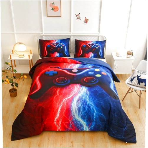 Meeting Story Gamer Gaming Bedding Sets Red-Blue Lightnings Gamepad Comforter Set for Boys Games Console Action Buttons Novelty Colorful Modern Room Decor Home Quilt Set (Red-Blue, Full)