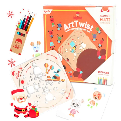 Kipod ArtTwist Drawing Stencils Kit for Kids – Rotating Wooden Spin Art with 6 Colored Pencils and 5 White Papers – Montessori Arts and Crafts Gift - Set for Boys and Girls Ages 5-12