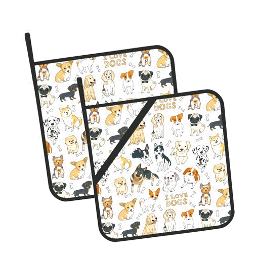Oeaskly Cute Dogs Pot Holders Set of 2 Kitchen Heat Resistant Potholder for Microwave Cooking Baking Oven End Dishes and BBQ