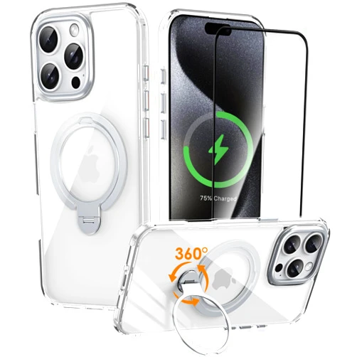 CASEOWL Compatible for iPhone 16 Pro Case with 360°Rotatable Magnetic Ring Stand [Compatible with MagSafe] [Mil-Grade Protection] Transparent Crystal Shockproof Phone Case for 16 Pro Case Cover, Clear