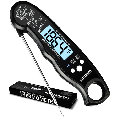 KULUNER TP-01 Waterproof Digital Instant Read Meat Thermometer with 4.6 Folding Probe Backlight Calibration Function for Cooking Food Candy, BBQ Grill, Liquids,Beef(Black)