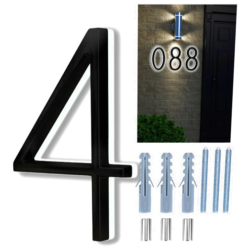 GDMYST Backlit LED Home Address Numbers, 8 Inch House Numbers, Stainless Steel Hand-Polished Waterproof for House Address Signs, Lighted House Numbers for Outside Modern, Low-Voltage, Yard, Shop (4, Black)