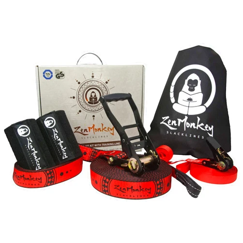ZenMonkey Slacklines ZenMonkey Slackline Kit with Overhead Training Line, Arm Trainer, Tree Protectors, Cloth Carry Bag and Instructions, 60 Foot - Easy Setup for The Family, Kids and Adults