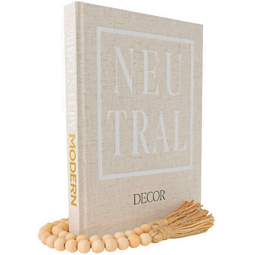 Kigan Home Inc. Kigan Home Linen Decorative Book - Real Hardcover Neutral Midcentury Modern - Wooden Bead Garland for Coffee Table Decor, Modern or Boho Home Decor, Shelves, Fireplace Mantel