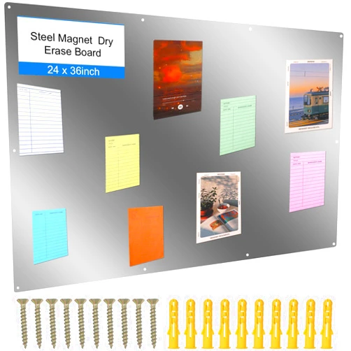 Ireer Magnetic Board Steel Magnet Bulletin Boards for Walls to Display Magnetic Notes Photos for Home Office Classroom, Pre Drilled with Screws and Dry Wet Erase Feature (Steel Color,24 x 36 Inch)