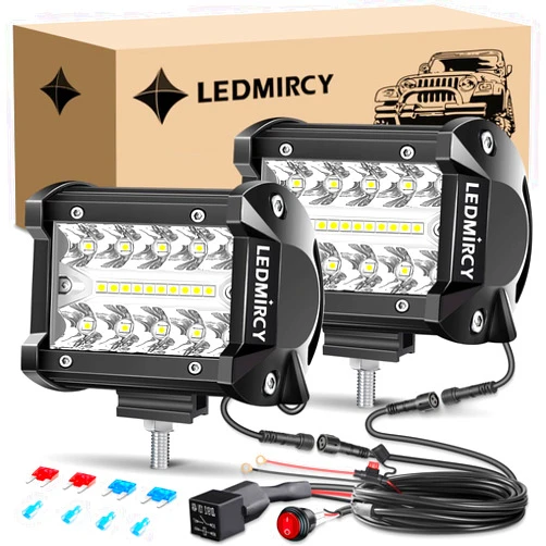 LEDMIRCY 4 Inch LED Pod Lights Kit with Round Toggle Switch Wiring Harness LED Light Bar 2 Lead Spot Flood Combo Beam White Driving Off Road Lights for Truck Tractor Excavator Boat ATV SUV UTV GMC