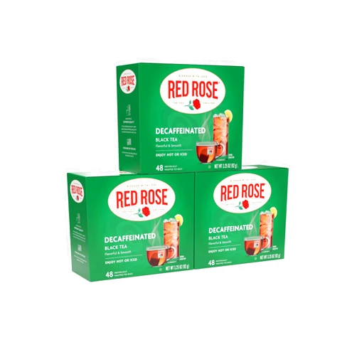 Red Rose Naturally Decaffeinated Black Tea, Smooth & Flavorful Decaf for Iced or Hot Tea in Bulk, Gluten-Free, 3 Pack of 48 Individually Wrapped Teabags