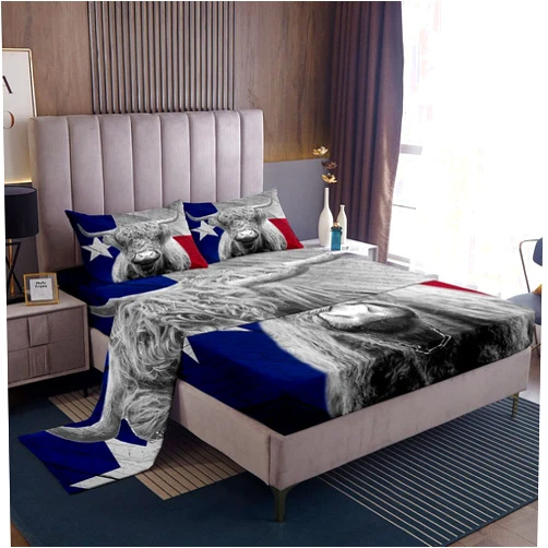 Feelyou Highland Cow Bed Sheet Set Highland Cattle Bedding Set Farm Animal Fitted Sheet Vintage American Flag Flat Sheet for Kids Boys Girls Adults Full Size with 2 Pillow Case