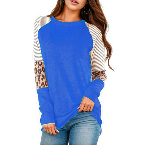 Kubbon Women's Leopard Print Patchwork Shirt Color Block Tunic Tops Round Neck Long Sleeve T Shirts Casual Loose Fit Tees