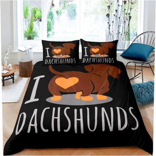Feelyou Dachshund Sausage Duvet Cover Cartoon Puppy Dog Bedding Set Kids Boys Toddler Weiner Dog Comforter Cover Cute Dachshund Dog Bedspread Cover Bedroom Collection 3Pcs King Size,Black