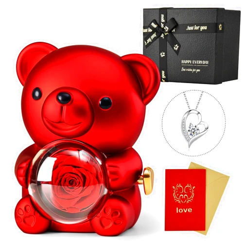 Jibeufi Teddy Bear with Preserved Rose, Flower Forever in Bear with Necklace and Elegant Gift Box for Women, Romantic Bear Roses Gifts for Valentines Mothers Day Anniversary Day Birthday (Red)