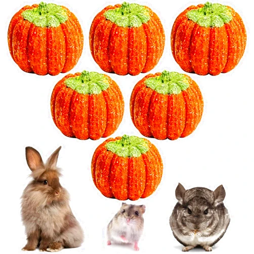 Fhiny 6 PCS Rabbit Chew Toys, Natural Pumpkin Carrot Timothy Grass Guinea Pig Chew Toys for Teeth Bunny Molar Snacks Dental Care Hamster Treats for Bunny Guinea Pig Chinchilla Hamster Gerbil