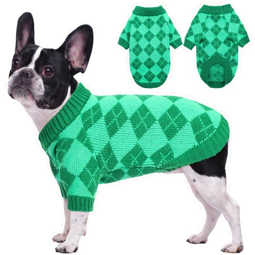 Kuoser Dog Sweater, Soft Warm Knitwear, Diamond Plaid Pullover Turtleneck Thickening Sweatshirt, Small Medium Large Dogs Costume Cold Weather Puppy Clothes with Leash Hole, XS - XL