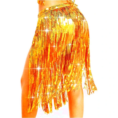 Aukmla Women Sparkly Sequin Tassel Skirt Belly Dance Hip Scarf Festival Fringe Wrap Skirts