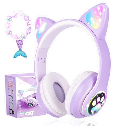 Kuyaon Wireless Cat Ear Headphones for Kids, LED Light Up Kids Girls Bluetooth Headphones with Microphone for School/Travel/Sports/Gaming/Gifts/Christmas (Purple)