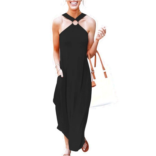 ANRABESS Women Summer Halter Neck Sundress Sleeveless Split Side Casual Beach Travel Vacation Maxi Long Dress with Pockets