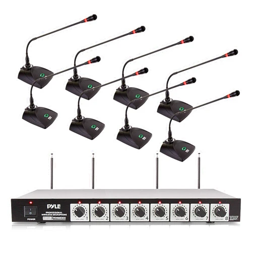Pyle 8 Channel Wireless Microphone System - Portable VHF Cordless Audio Mic Set with 1/4