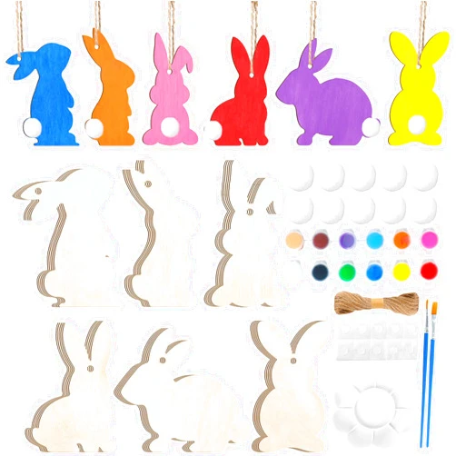 Whaline 30Pcs Easter Wood Bunny Cutouts Unfinished Rabbit Wooden Table Signs with Paints Brushes Palette Felt Balls Ropes Glue Points Spring Rabbit Ornaments for DIY Craft Home Hanging Decor, 6 Shapes