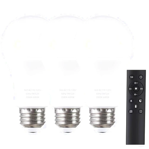 MXhme A19 LED Light Bulbs with Remote Control, 800LM 9W (60W Equivalent) Bulbs,Stepless Dimmable 3000K-6000K,E26 Base,CRI 80+,2.4GHz,25000+ Hours Lifespan,Light Bulb for Home Decor,3Bulb & 1Remote
