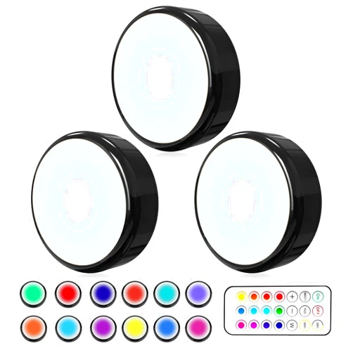 HELPLEX Puck Lights with Remote, Colors Changeable LED Puck Light Battery Powered Dimmable Under Cabinet Lights Wireless Under Counter Light RGBW Push Light, Timing & Memory Function, Black, 3 Pack