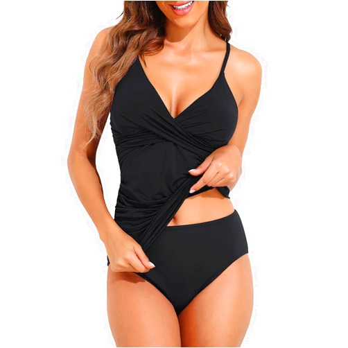 Firpearl Women's Tankini Swimsuits Twist V Neck Swim Top with Shorts Ruched Tummy Control Two Piece Bathing Suit