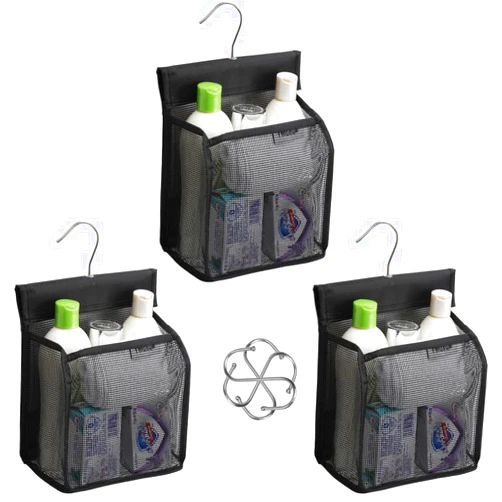 ALYER Hanging Mesh Shower Caddy Organizer Bathroom Storage Bag with Hooks for College Dorm, Gym, Swimming,RV and Travel,Black-3 Pack