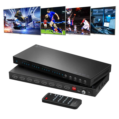 PORTTA 4x4 HDMI Matrix 4K 60Hz 4:4:4, 4 in 4 Out Switch Splitter, Audio Extractor, 16 EDID Modes with Remote Control Supports HDMI 2.0b, HDCP 2.2, HDR, YUV, ARC, 18Gbps, 3D, Downscaler 4K & 1080P