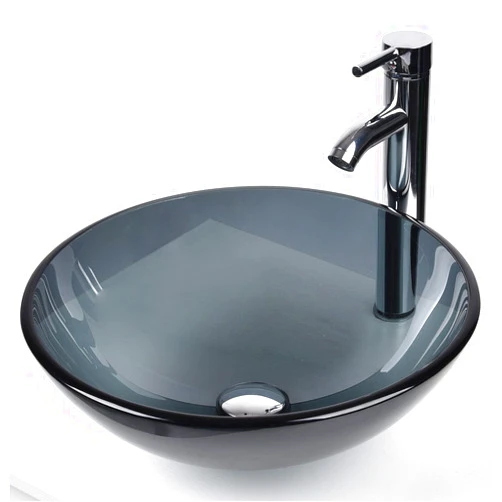Puluomis Bathroom Vessel Sink, Round Glass Vessel Sink Basin with Faucet Pop-Up Drain, Grey