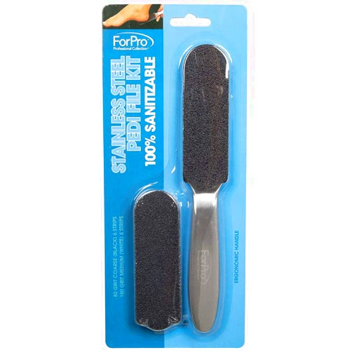 ForPro Professional Collection Stainless Steel Pedi File Kit - 100% Sanitizable Pedicure File for Heels and Feet - Includes Six Black 80 Grit and Six White 180 Grit Refill Strips- 8.5