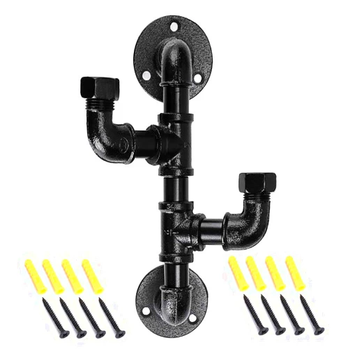 Sumnacon Heavy Duty Industrial Pipe Coat Hook Rack - Rustic Metal Clothes Holder Hanger with Hardware, Wall Mounted Iron Bath Grab Bar for Home, Office, Electroplated Black Finish