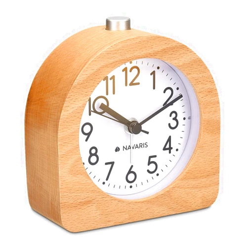 Navaris Wood Analog Alarm Clock - Half-Round Battery-Operated Non-Ticking Clock with Snooze Button and Light - Light Brown