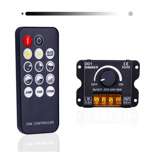 GOMING DC 5V 12V 24V 30A RF LED Light Strip Dimmer PWM Dimming Controller Wireless Control or Through The Knob to Adjust Brightness Suitable for LED Strip Lights