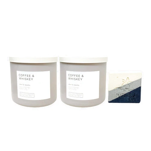 Bath & Body Works Coffee & Whiskey 2 Piece 3-Wick Scented Candle Set with a Stone & Feather Bar Soap