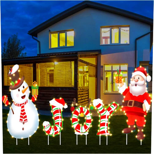 Macarrie 5 Pieces Outdoor Christmas Decoration Outdoor Joy Christmas Yard Sign Xmas Santa Snowman Lawn Decorations Stakes with 5 String of Lights for Holiday Outside Home Lawn Pathway Walkway Party Decor