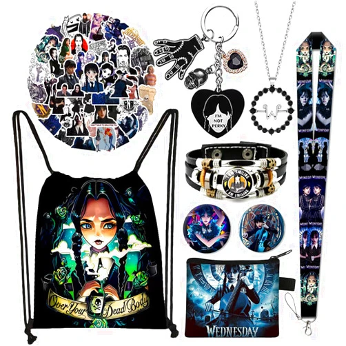 TGECTP Wednesday Addams Gifts for Girls, including Drawstring Bag Stickers Keychain Necklace Bracelet Lanyard Brooches Coin Wallet for Kids Girls Adults
