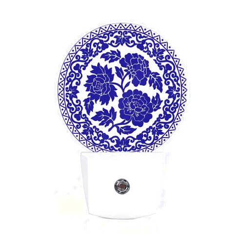 Axayaz Blue Flowers Dusk to Dawn Round Night Light Polynesian Ornament Swirl Circle Totem Auto Sensor Lamp Home Indoor Stairway Kitchen Corridor