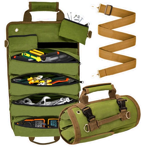 Cioew Ayag Roll Up Tool Bag, Heavy Duty Tool Roll Bag with 4 Pockets and 2 Detachable Pouches, Tool Organizer Tool Roll Up Bag for Dad, Mechanic, Electricians, Repairman, Green