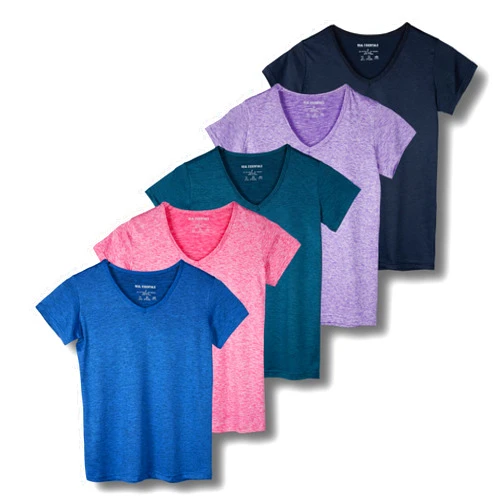 Real Essentials 5 Pack: Women's Short Sleeve V-Neck Activewear T-Shirt Dry-Fit Wicking Yoga Top (Available in Plus)