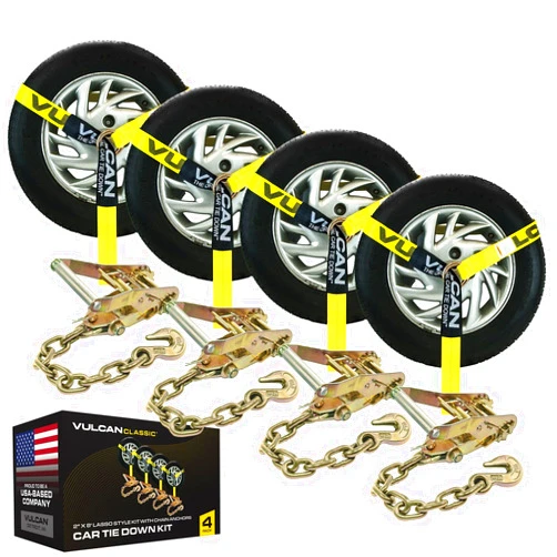 VULCAN Car Tie Down with Chain Anchors - Lasso Style - 2 Inch x 96 Inch - 4 Pack - Classic Yellow - 3,300 Pound Safe Working Load