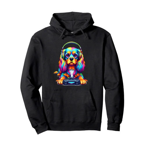 Colorful Gaming Cavalier King Charles Spaniel Dog Colorful Cavalier King Charles Spaniel Gamer Dog Video Game Pullover Hoodie