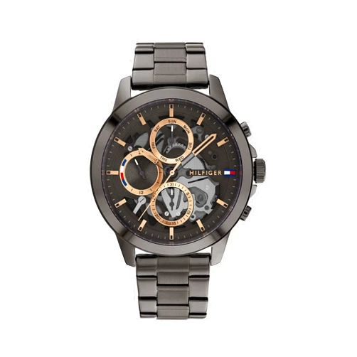 Tommy Hilfiger Men's Dressy Watch – Quartz Multifunction, Stainless Steel Case, Skeleton Dial, Link Bracelet – Gift for Him