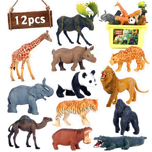Mini Tudou Safari Animal Toys Figures, 12 PCS Realistic Jumbo Wild Jungle Animals Figurines, Large African Zoo Animal Playset with Lion,Elephant,Giraffe, Plastic Animal Learning Toys for Kids Toddlers Boys
