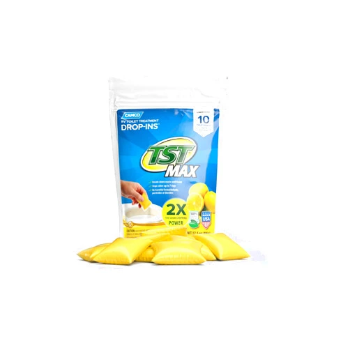 Camco TST MAX RV Toilet Treatment Drop-INs | Control Unwanted Odors and Break Down Waste and Tissue | Septic Tank Safe | Lemon Scent | 10-pack (41573)