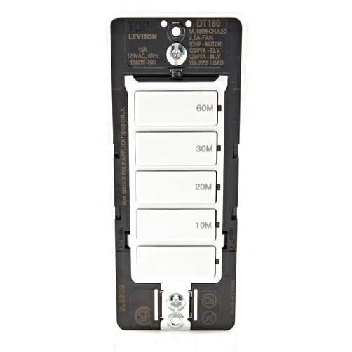 Leviton Countdown Timer Switch for bathroom fan and household lights, 10-20-30-60 min, No Neutral Required, Single Pole, 15A, 1/2HP/9.8A Fan/Motor, DT160-1LW, White