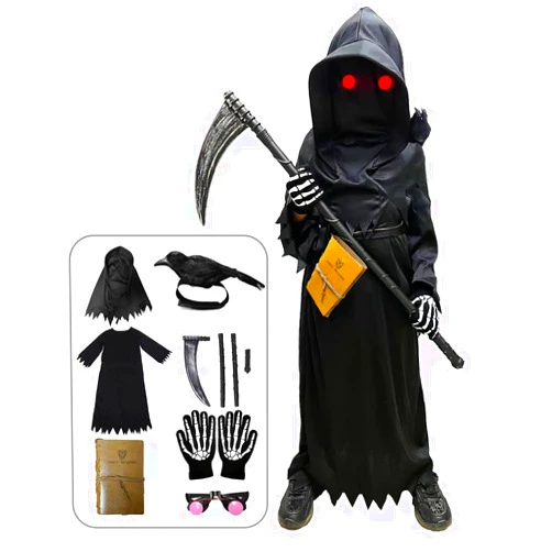 longpo Halloween Costumes for Boys Grim Reaper Costume Kids Set Scary Ghost Cosplay Outfit Halloween Party Favors Gifts