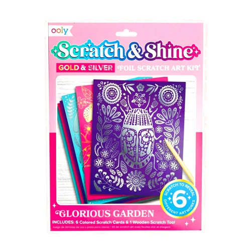 Ooly Scratch & Shine: Silver & Gold Foil Scratch Art for Kids, 6 Foil Art Scratch Paper & Scratch Tool, Scratch Art Paper Kit for Kids, Kids Crafts, Fun Gifts and Kids Art [Glorious Gardens]