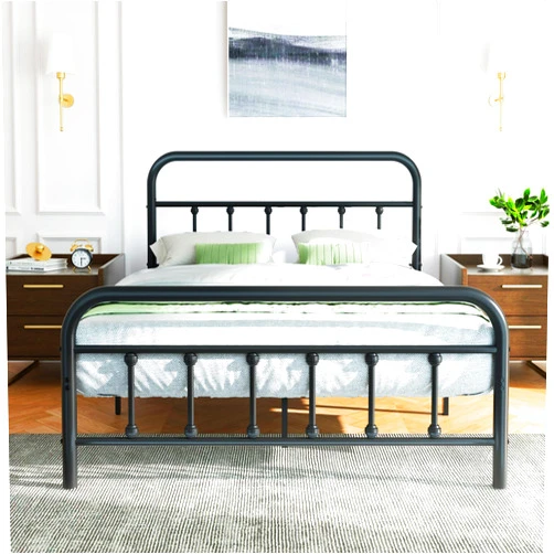 Shintenchi Full Size Metal Platform Bed Frame with Headboard & Footboard, Steel Slat Mattress Foundation, Under Bed Storage, Noise-Free, No Box Spring Needed, Black Round