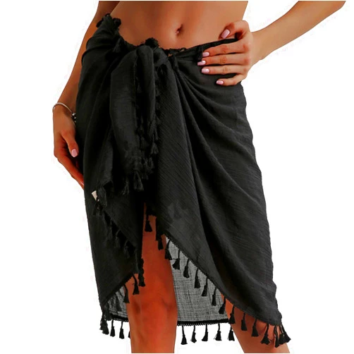 Eicolorte Beach Sarong Pareo Womens Semi-Sheer Swimwear Cover Ups Short Skirt with Tassels
